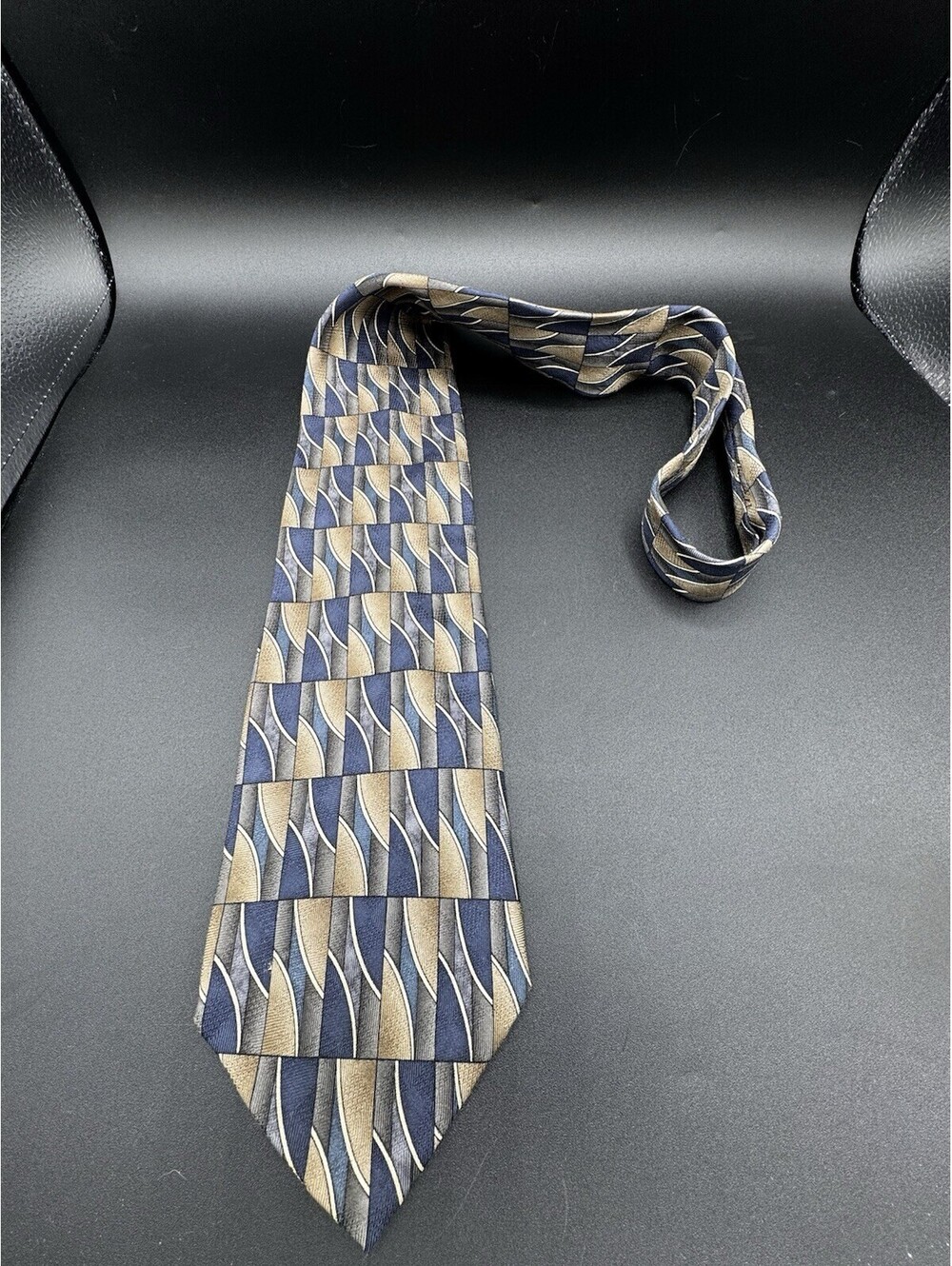 Vintage Louis Roth Silk Necktie Navy Tan Gray Geometric Abstract 1990s USA
